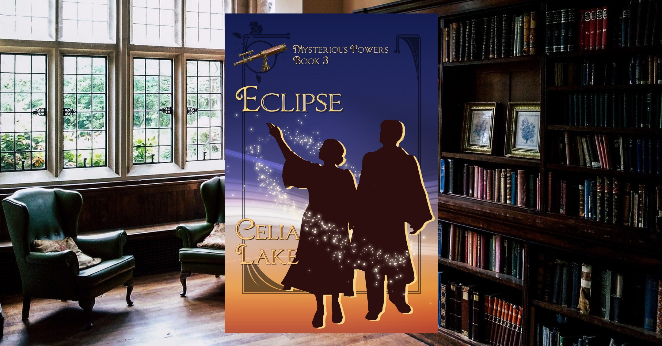 Cover of Eclipse by Celia Lake displayed in front of a well-lit library with chairs and a wall full of books on bookshelves. The cover has a man and woman wearing academic robes in silhouette on a twilight blue and sunset orange background. She is gesturing up toward the sky. A telescope is inset in the top left.