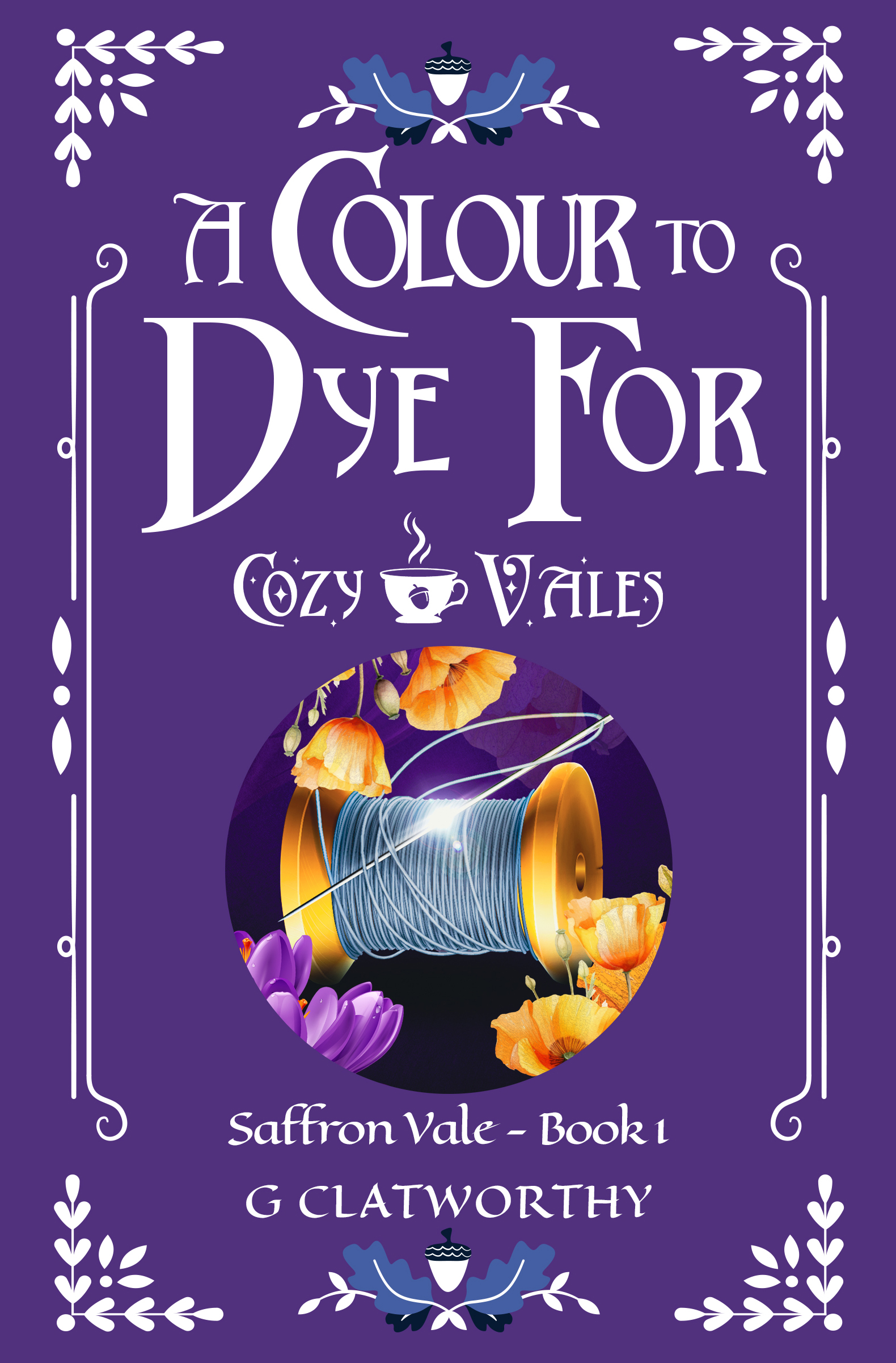 purple book cover featuring needle and thread over yellow and purple flowers