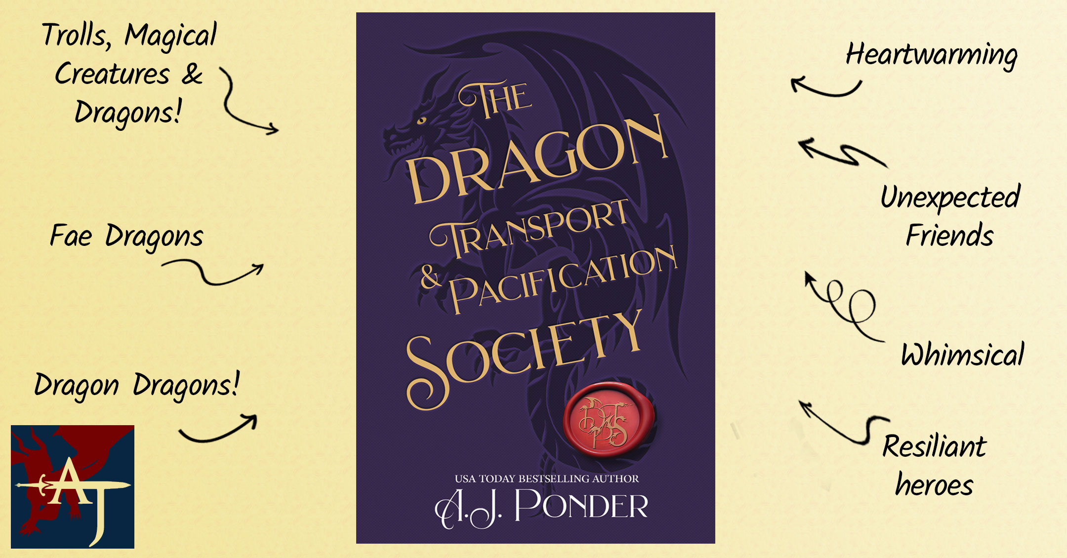 Yellow background and purple dragon cover with tropes all around it. Trolls, Magical Creatures and dragons, fae dragons, Unexpected friends, Heartwarming, Dragon dragons! Whimsical, resiliant heroes