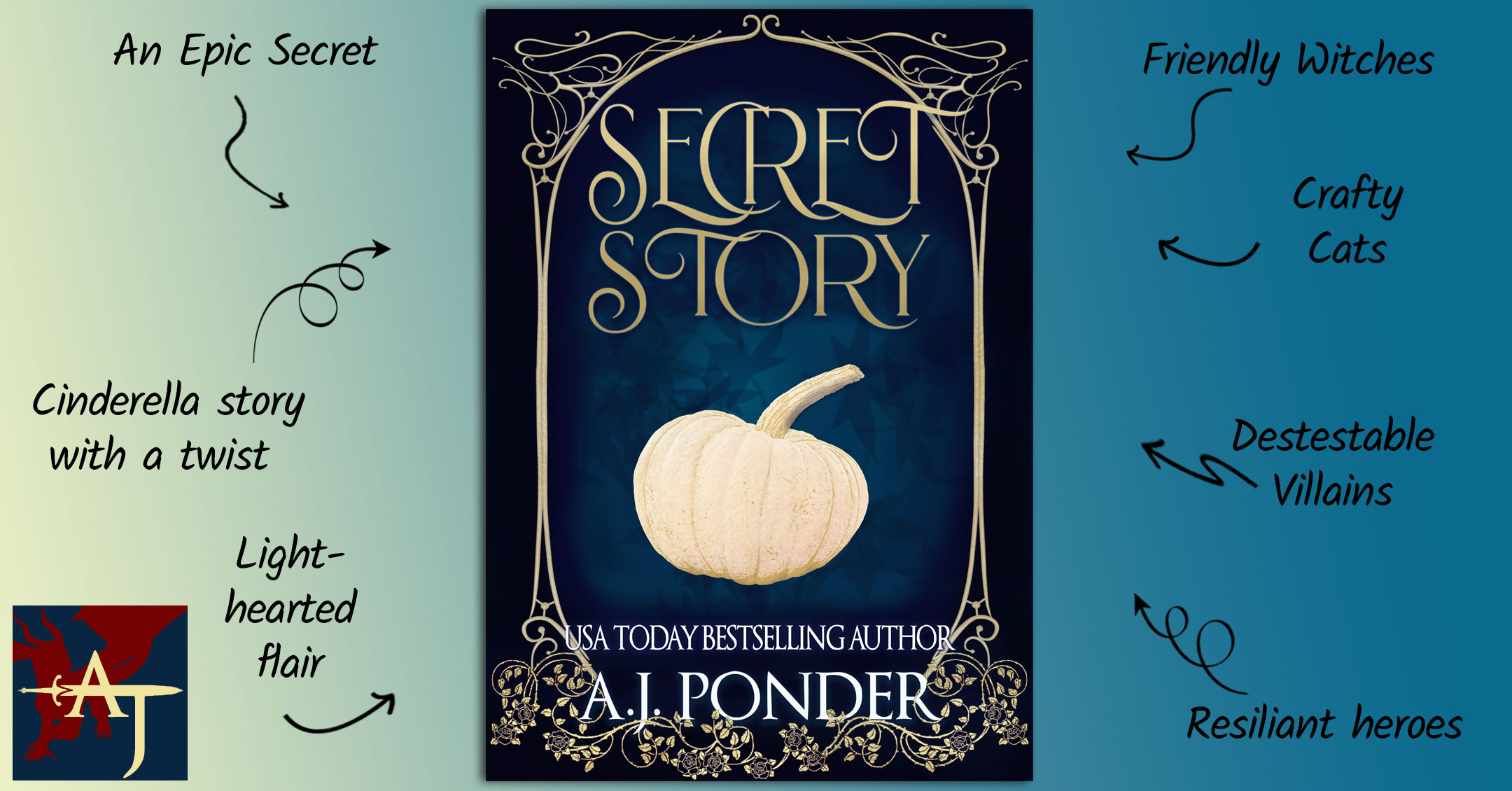 Secret Story book on a light blue background with curly arrows from each of the tropes: Resiliant Heroes, Friend/y Witches, Cinderella Story with a Twist, Light-hearted Flair, Destestable Villains, and An Epic Secret.