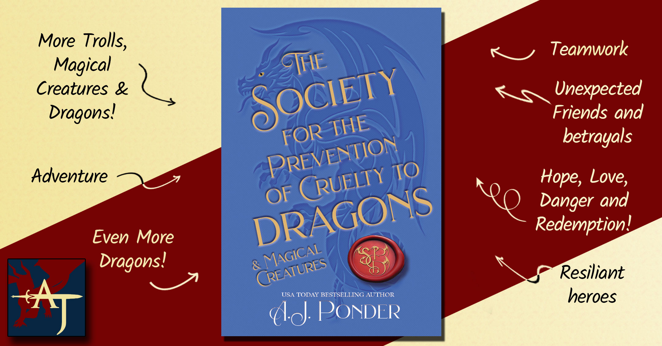 Blue cover with the silhouette of a dragon. Title: The Society for the Prevention of Cruelty to Dragons. With tropes: Trolls Magical Creatures and Dragons, Adventure, Teamwork, Unexpected Friends and Betrayals, Hope Love Danger and Redemption, Resliant Heroes.